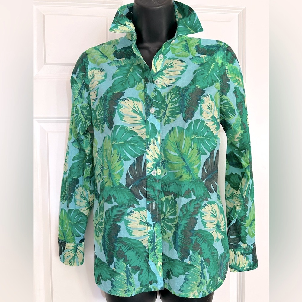 Talbots Tropical Green Leaf Button-Up Blouse